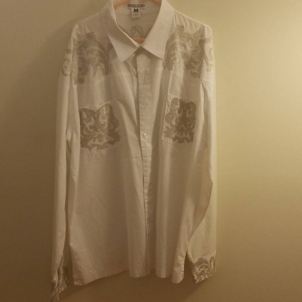White Dress Shirt w/silver embroidered design